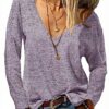 Fisoew Maglia Donna Maniche Lunghe Scollo V Sexy Lilla