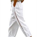 Pantaloni donna cotone lino vita alta casual bianco