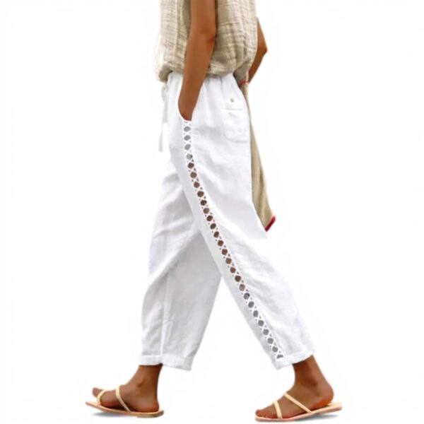 Pantaloni donna cotone lino vita alta casual bianco